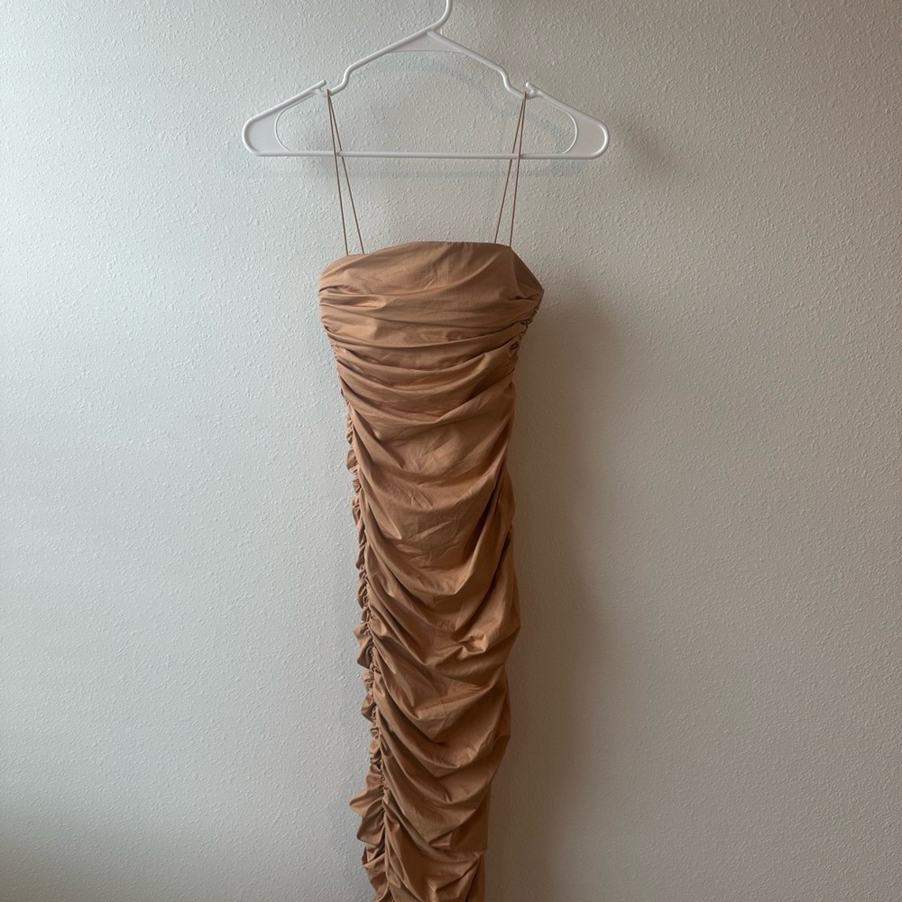 Oh Polly Strapless Tan Ruched Dress